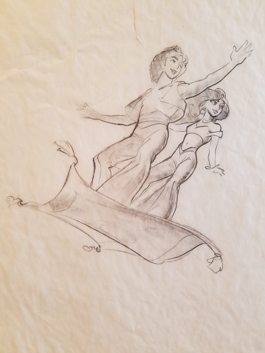 Aladdin Concept Drawing, Couple on Carpet, close to International finish by John Alvin 