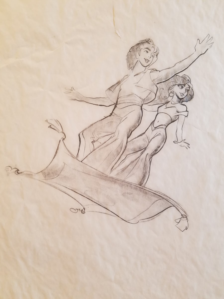 Aladdin Concept Drawing, Couple on Carpet, close to International finish by John Alvin, Image 1.