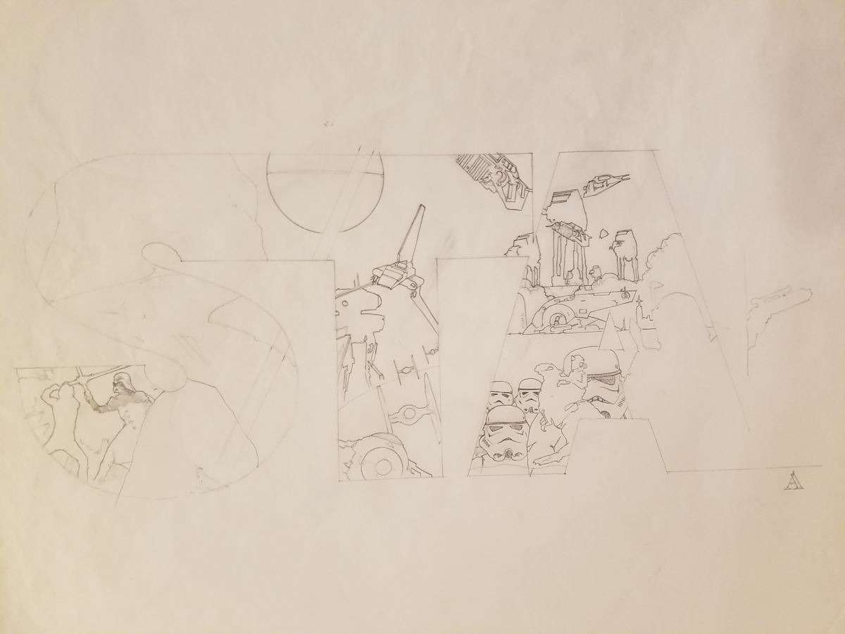 Star Wars 10th Anniversary Poster "STA" Rough Concept: Characters Within Title by John Alvin, Image 1.