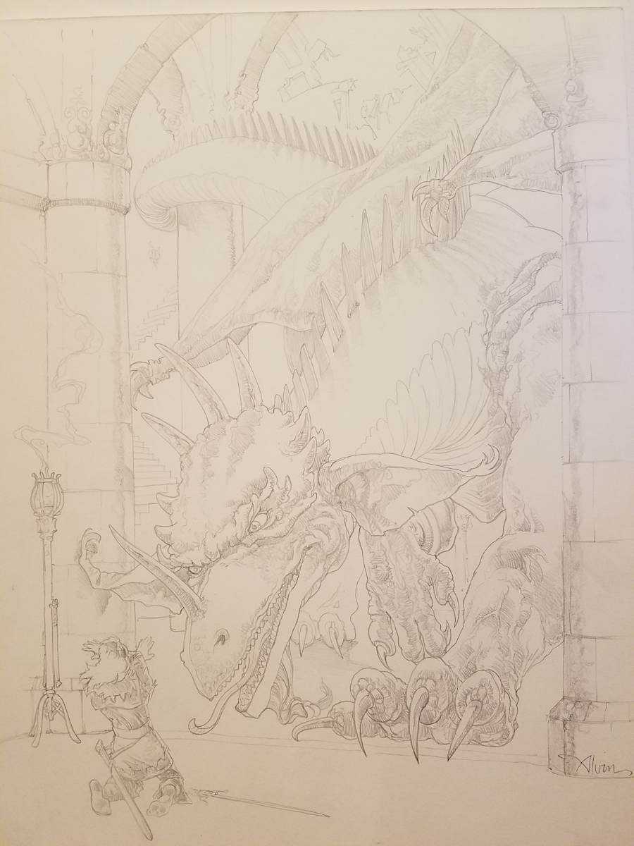 The Dragon Princess Sketch, Dragon Roaring at Man by John Alvin, Image 1.