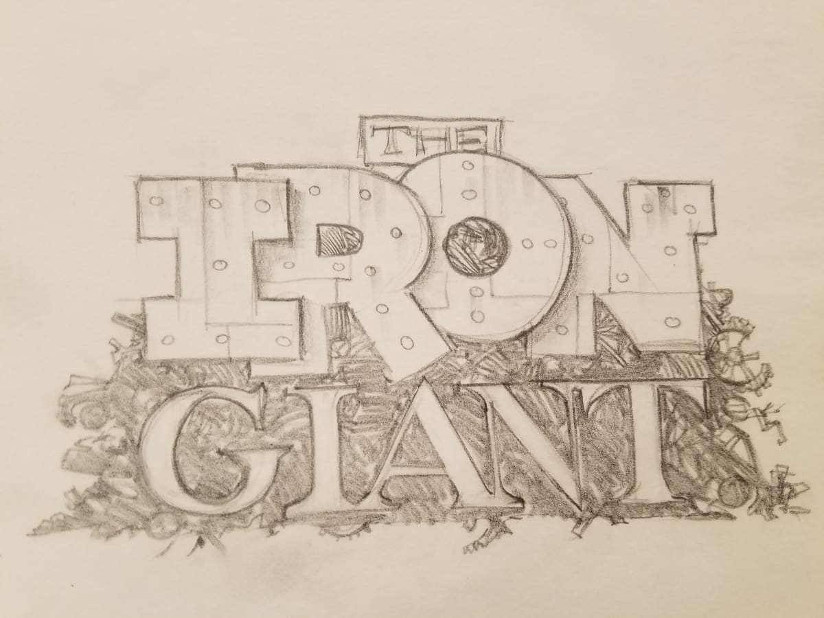 The Iron Giant Logo Concept, Metal Plating "IRON", Scrap Heap Design by John Alvin, Image 1.