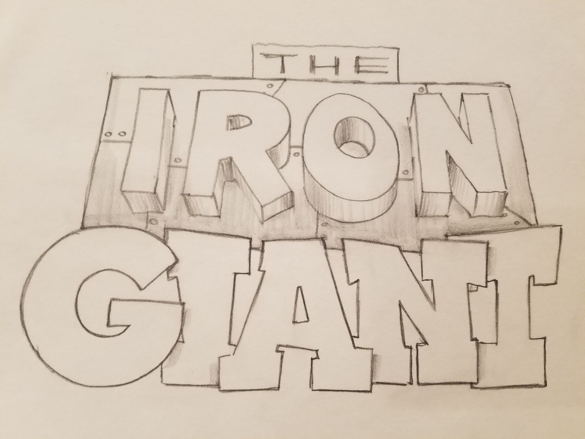 The Iron Giant Logo Concept, Boxed in "THE", Metal Backed "IRON", Block "GIANT" by John Alvin, Image 1.