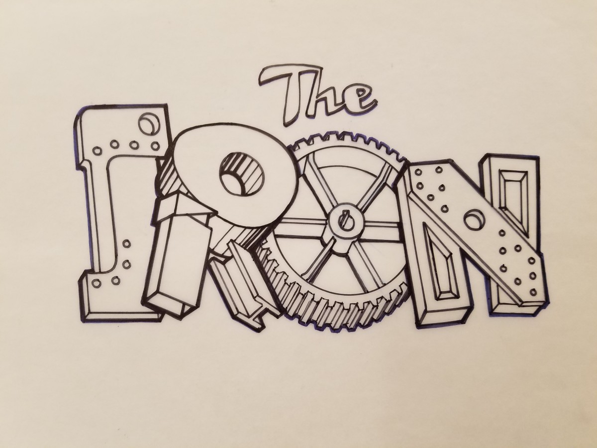 The Iron Giant Logo Concept, Cursive "THE", Mechanical Parts "IRON", Inked by John Alvin 