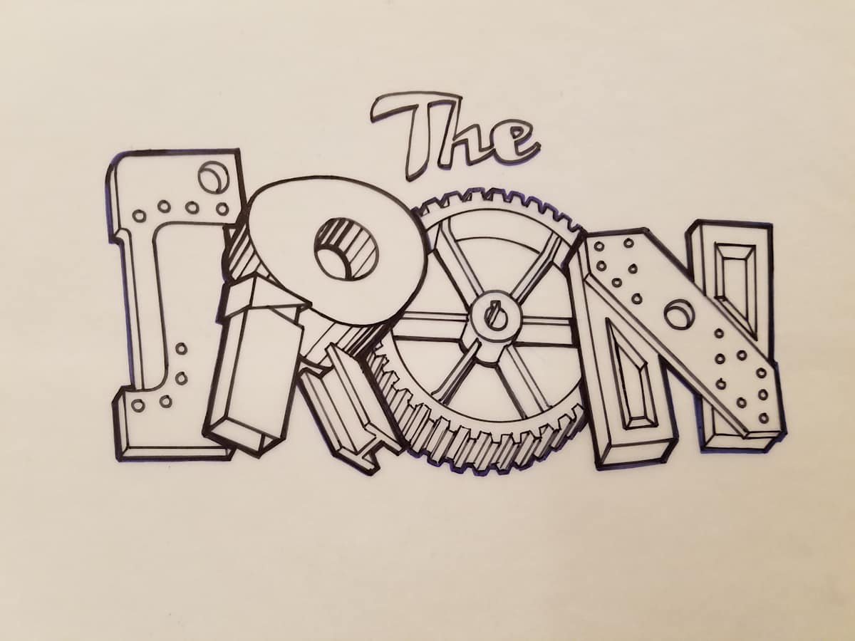 The Iron Giant Logo Concept, Cursive "THE", Mechanical Parts "IRON", Inked by John Alvin, Image 1.