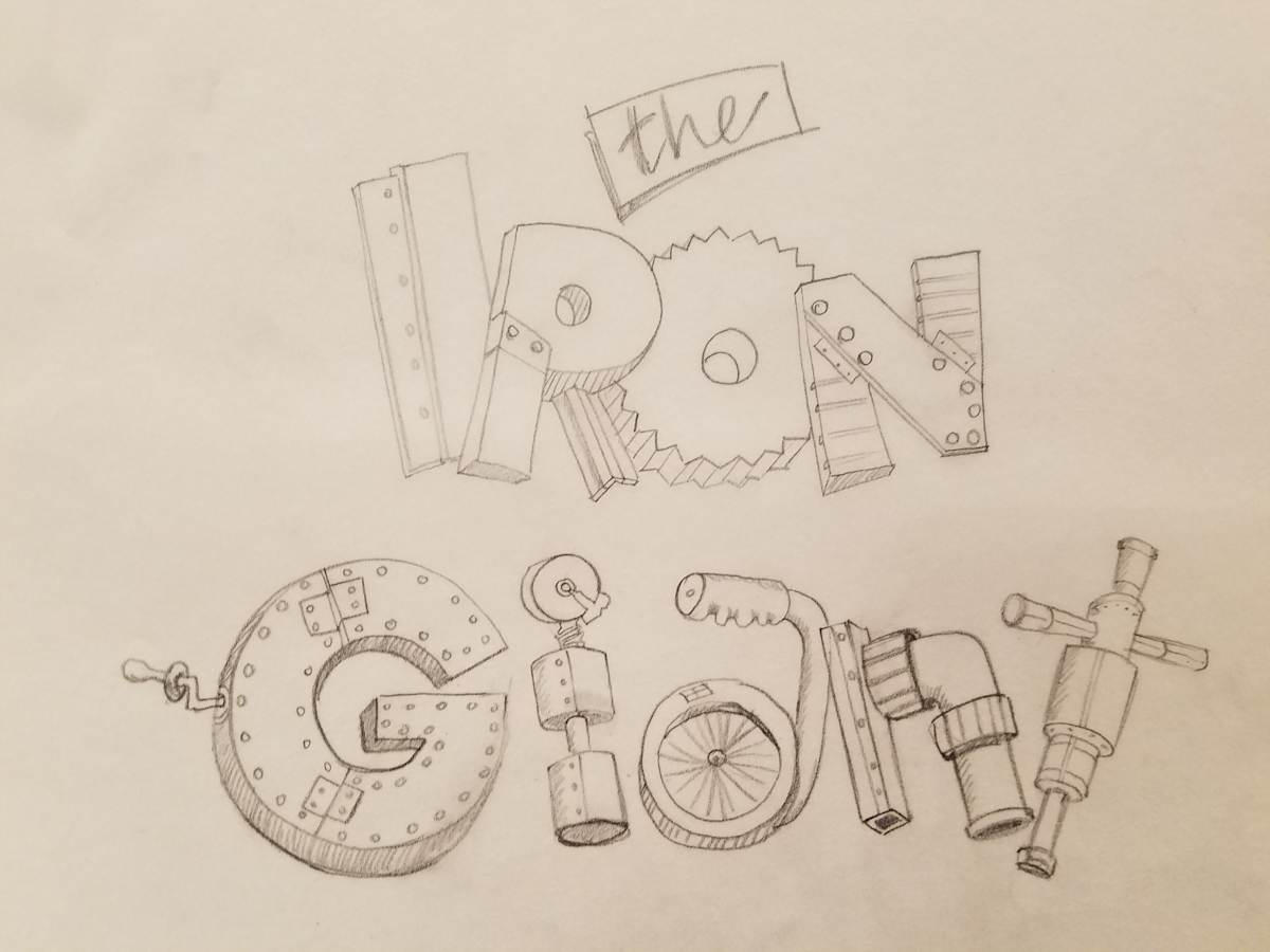 The Iron Giant Logo Concept, Boxed in Cursive "THE", Mechanical Parts "IRON GIANT" by John Alvin, Image 1.
