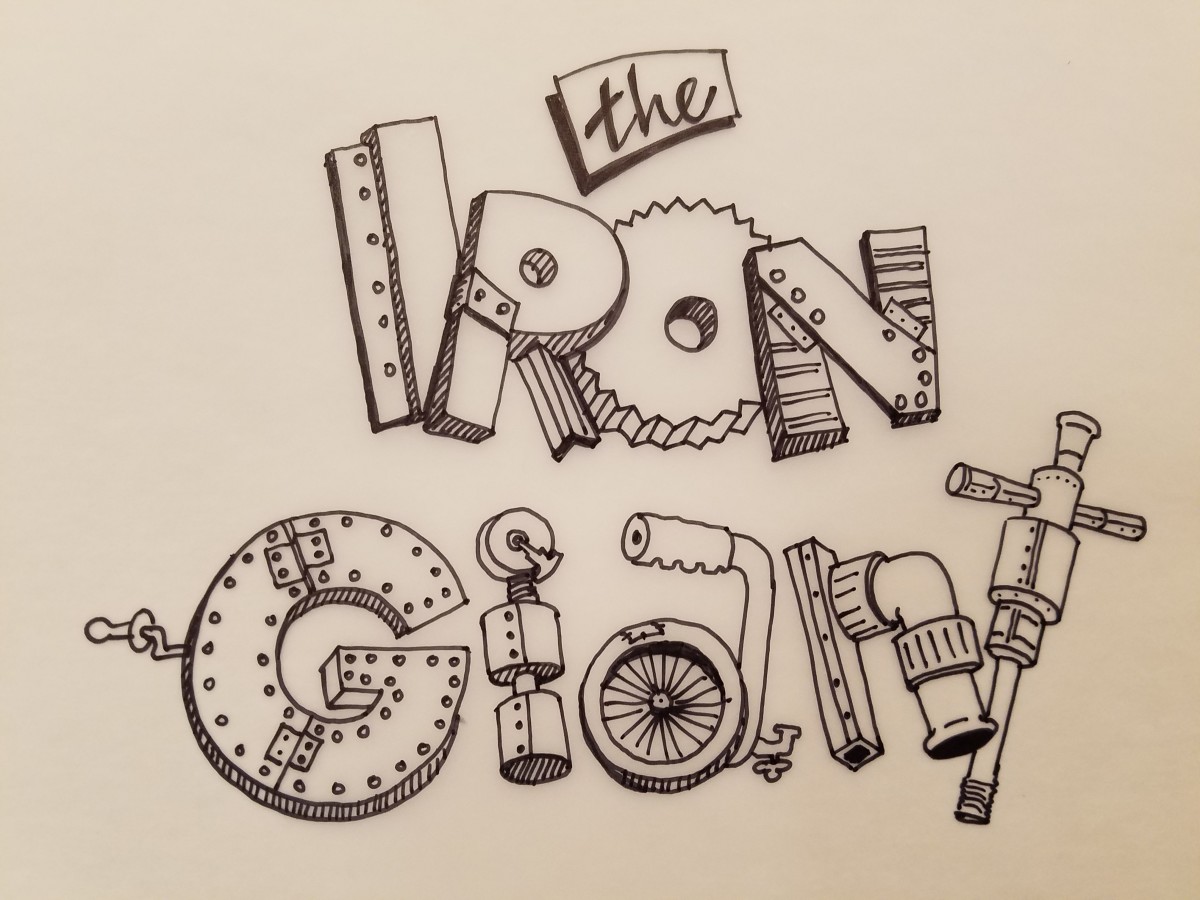 The Iron Giant Logo Concept, Boxed in Cursive "THE", Mechanical Parts "IRON GIANT", Inked by John Alvin 