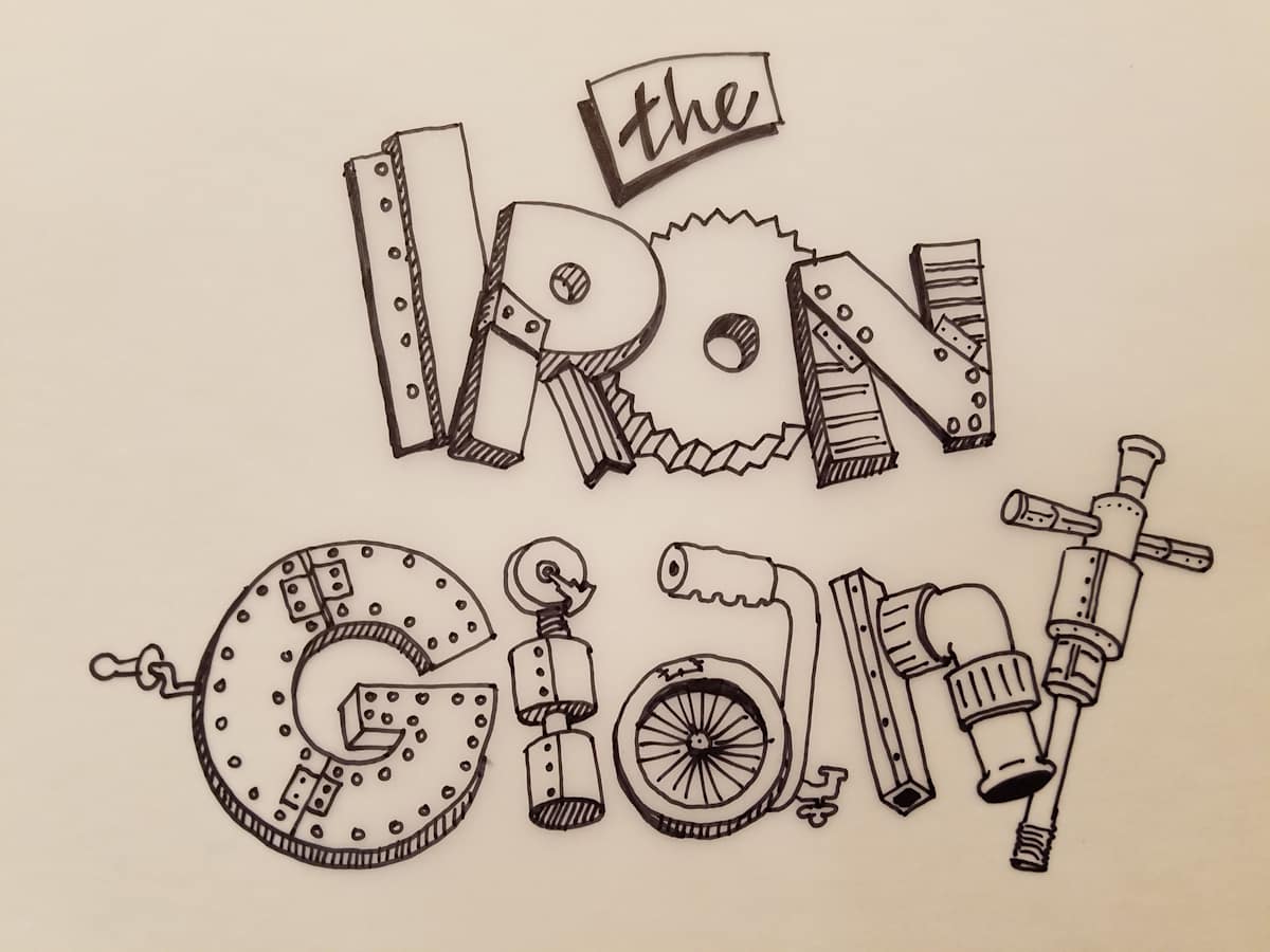 The Iron Giant Logo Concept, Boxed in Cursive "THE", Mechanical Parts "IRON GIANT", Inked by John Alvin, Image 1.