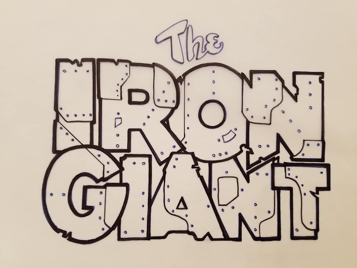 The Iron Giant Logo Concept, Cursive "THE", Metal Plating "IRON GIANT", Inked by John Alvin, Image 1.