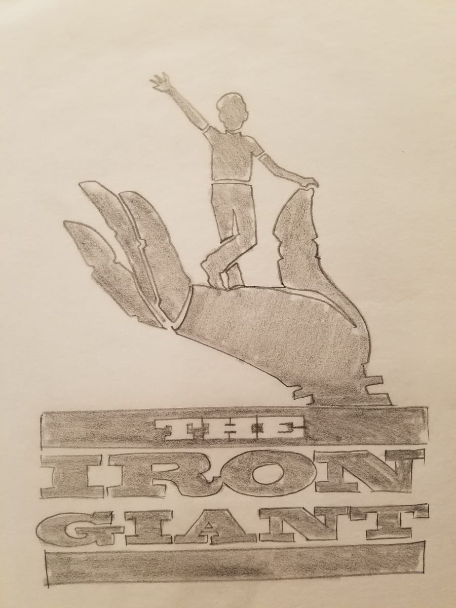 The Iron Giant Logo Concept, Robot Hand Holding Up Waving Hogarth by John Alvin, Image 1.
