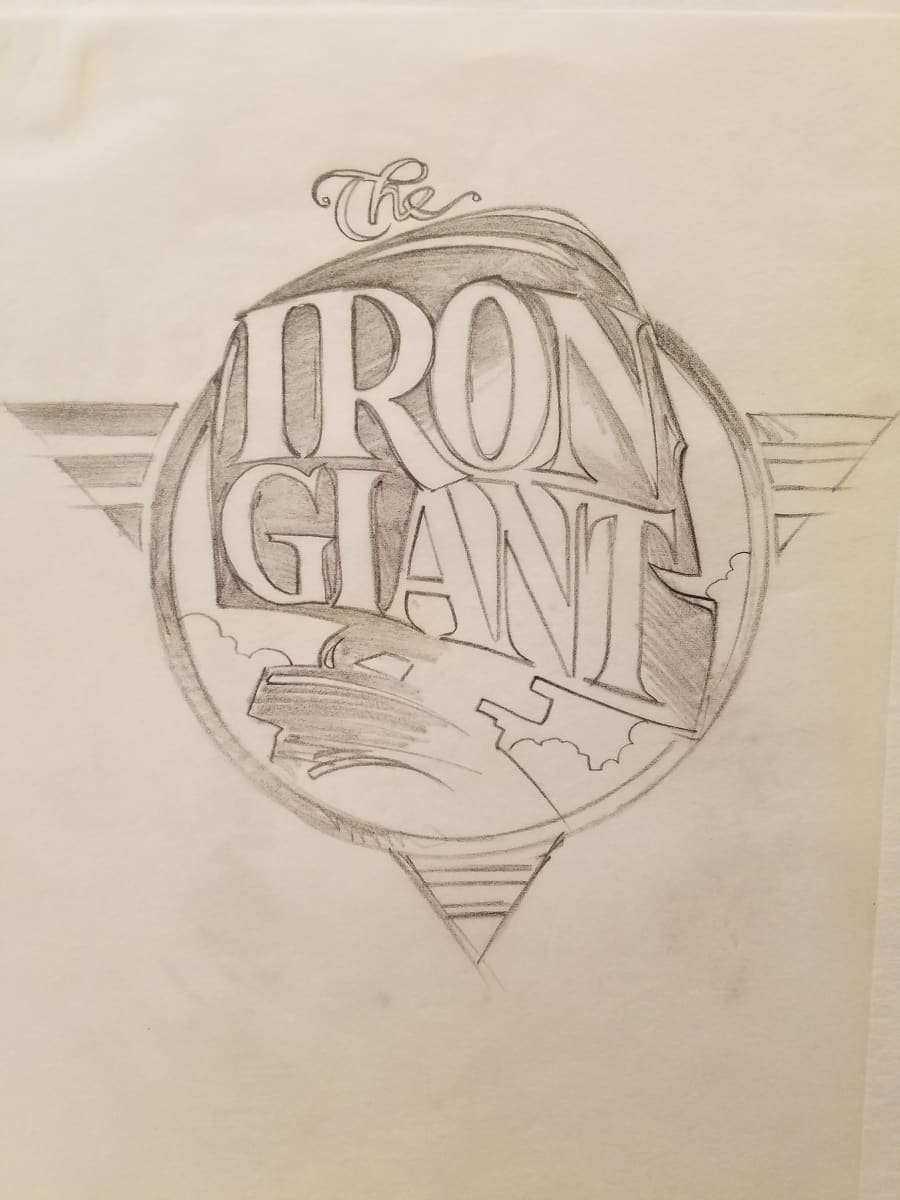 The Iron Giant Logo Concept, Robot Head Behind Title by John Alvin, Image 1.