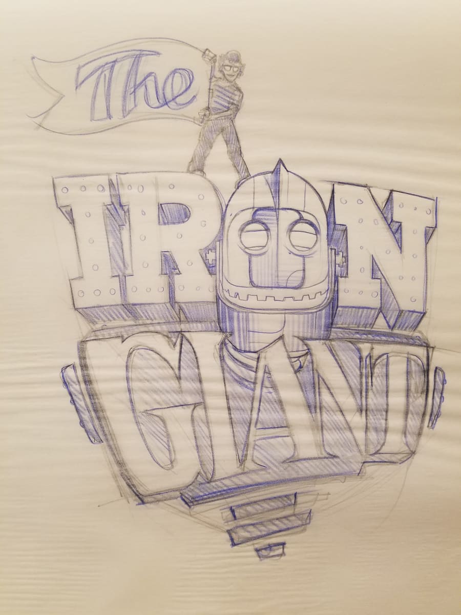 The Iron Giant Logo Concept, Hogarth Next to "THE" Flag by John Alvin, Image 1.
