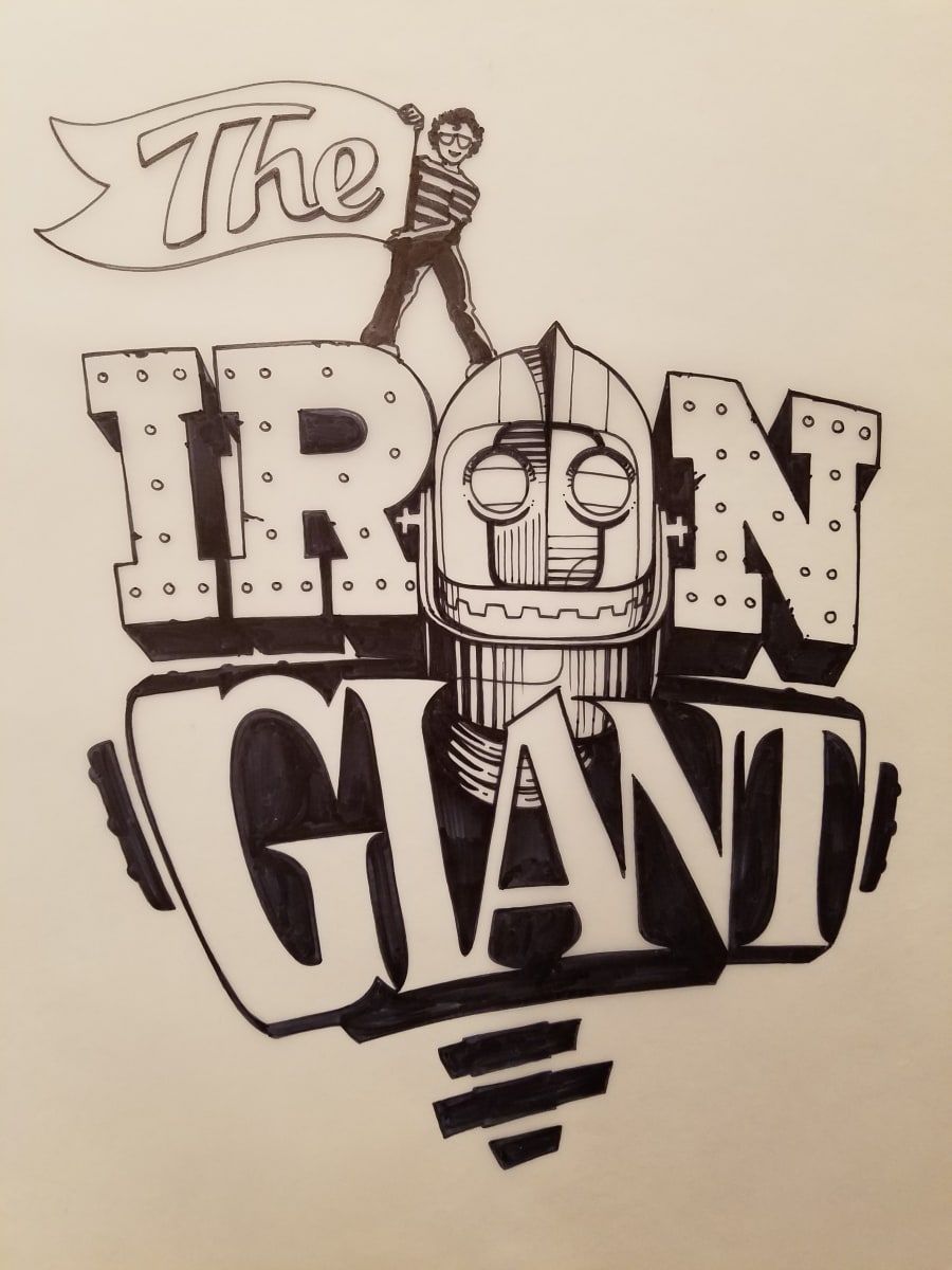 The Iron Giant Logo Concept, Hogarth Next to "THE" Flag by John Alvin, Image 1.