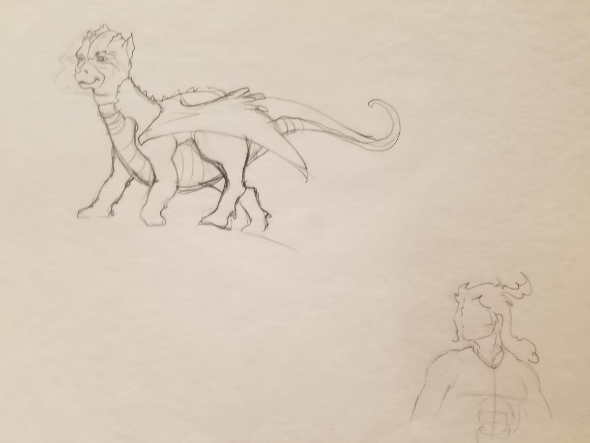 The Dragon Princess Sketch, Baby Dragon and Light Sketch of Man by John Alvin, Image 1.