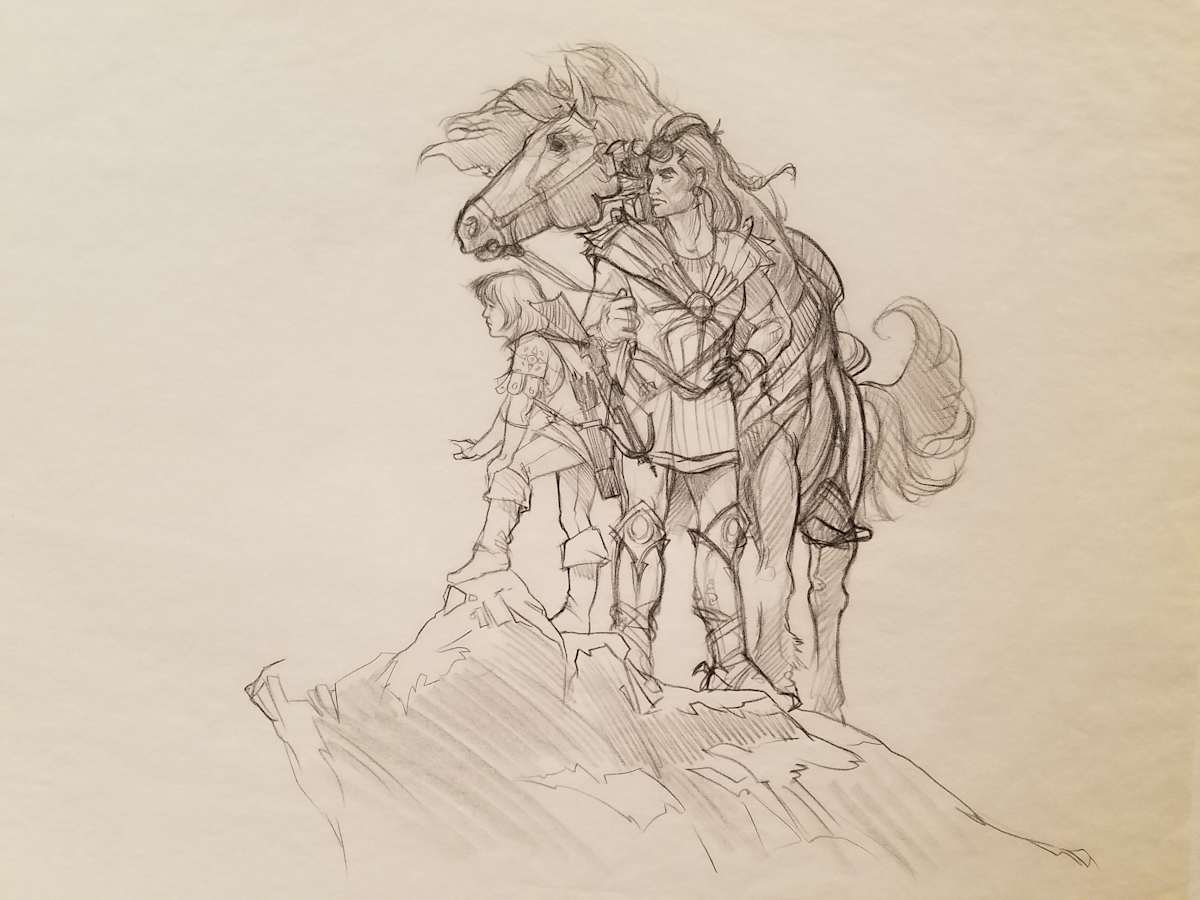 The Dragon Princess Sketch, Hero, Boy, and Horse on Cliff by John Alvin, Image 1.