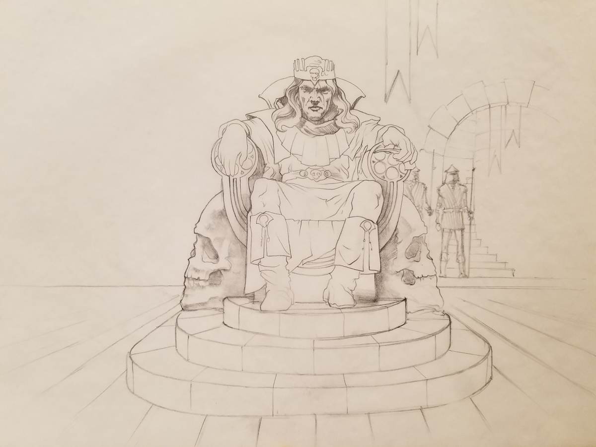 The Dragon Princess Sketch, Evil King on Throne, Guard to Right, Concept for Color Comp by John Alvin, Image 1.