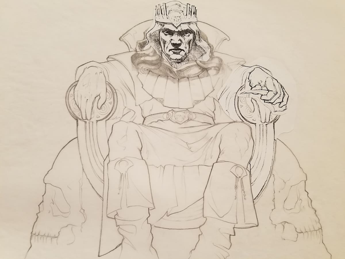 The Dragon Princess Sketch, Evil King on Throne, Scanned Head and Hand by John Alvin, Image 1.