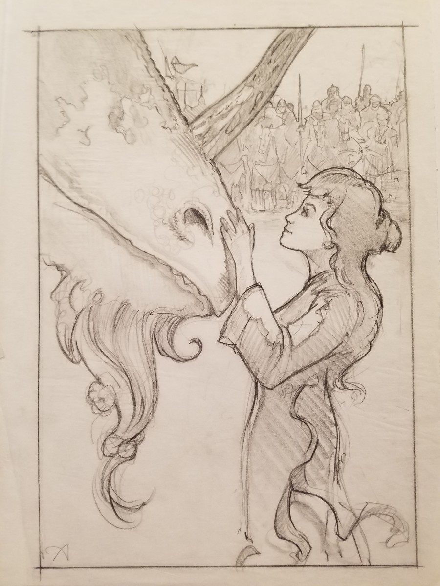 The Dragon Princess Sketch, Girl Holding Dragon's Nose by John Alvin 
