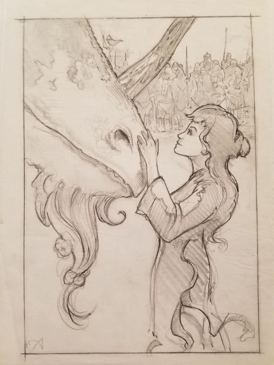 The Dragon Princess Sketch, Girl Holding Dragon's Nose by John Alvin, Image 1.