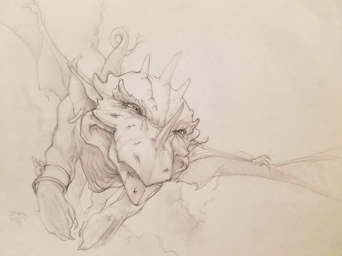 The Dragon Princess Sketch, Dragon Flying Toward Viewer by John Alvin, Image 1.