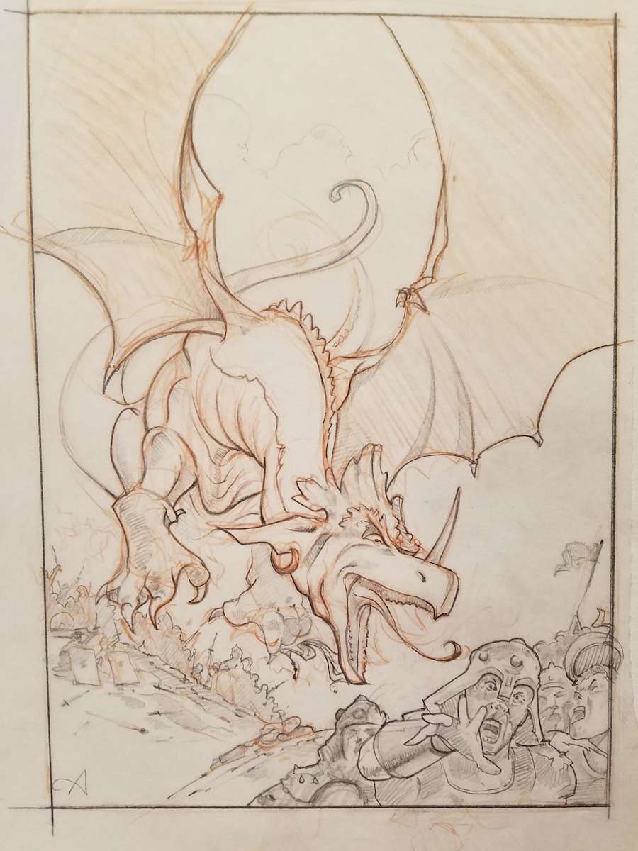 The Dragon Princess Sketch, Dragon in Red Pencil by John Alvin, Image 1.