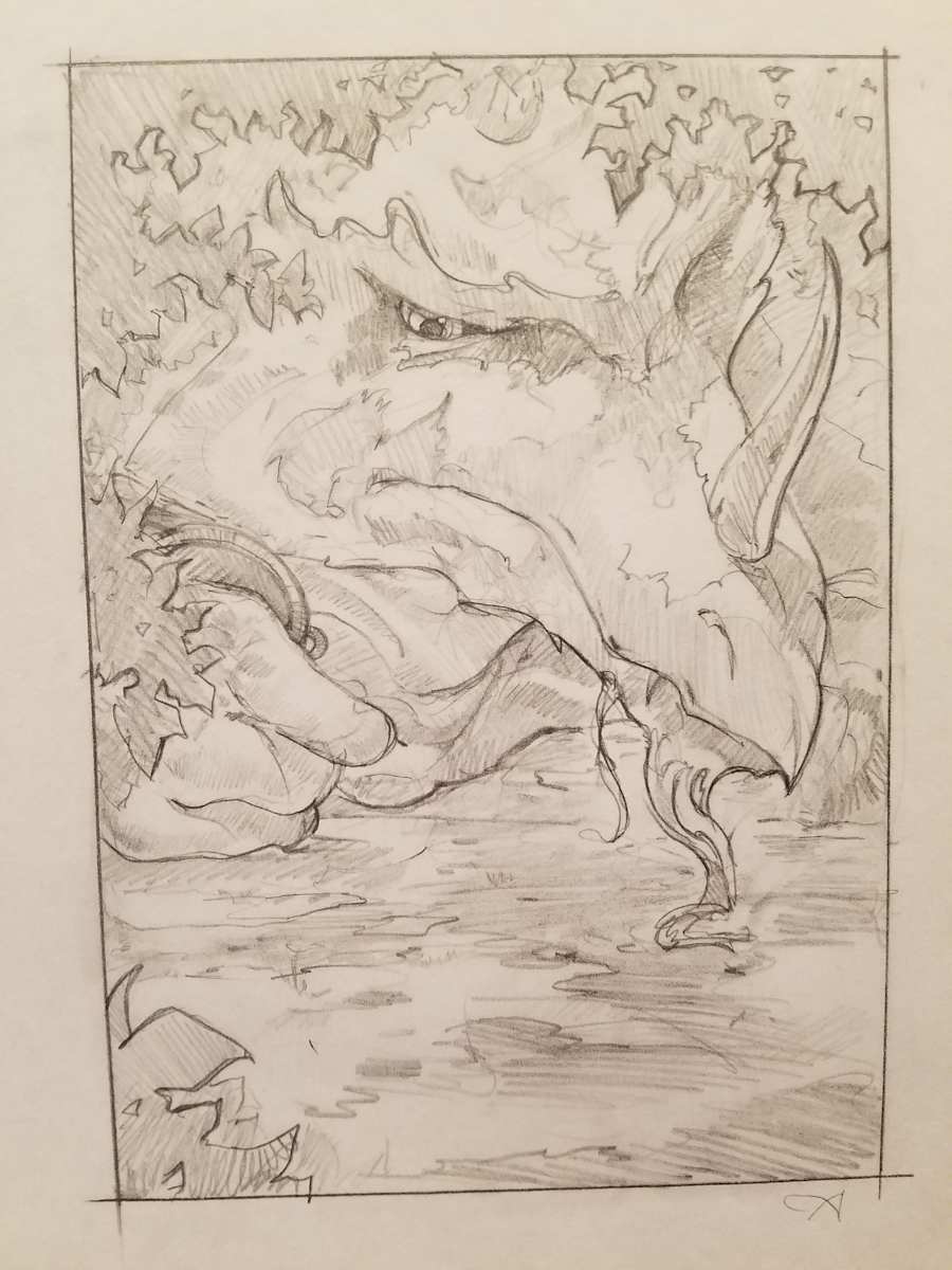 The Dragon Princess Sketch, Dragon Head Resting in Forest by John Alvin, Image 1.