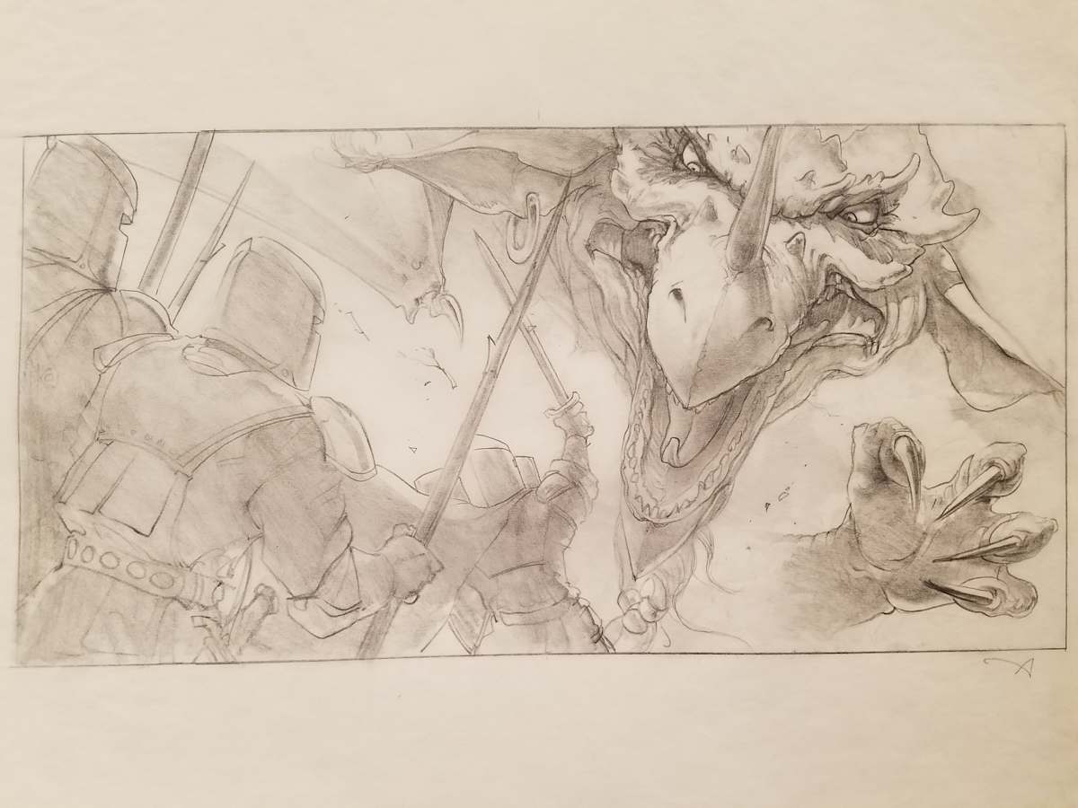 The Dragon Princess Sketch, Dragon Clawing at Soldiers by John Alvin, Image 1.