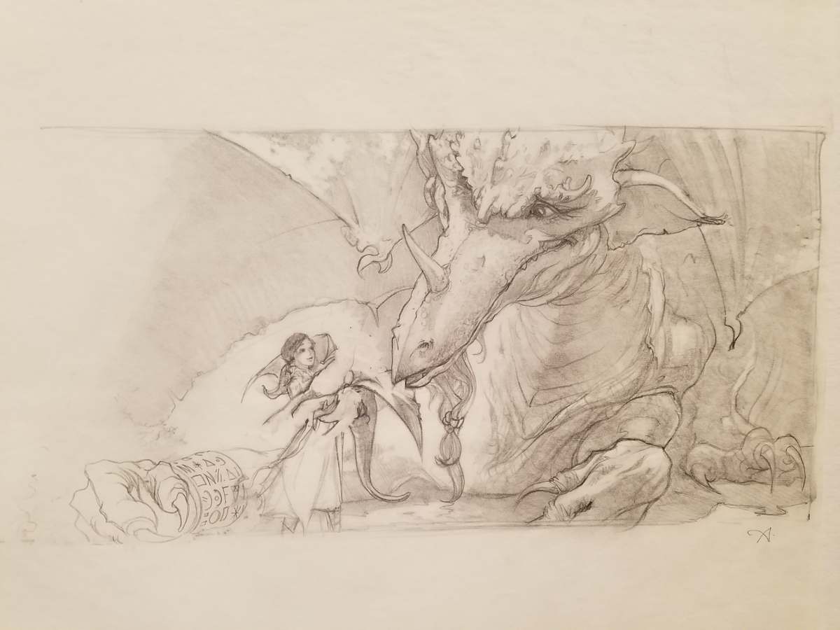 The Dragon Princess Sketch, Girl Holding Baby Dragon for Dragon by John Alvin, Image 1.