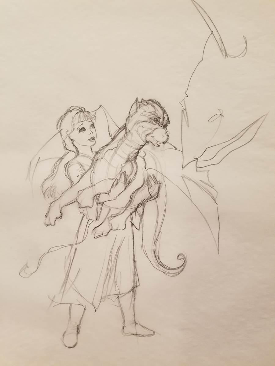 The Dragon Princess Sketch, Girl Holding Baby Dragon by John Alvin, Image 1.