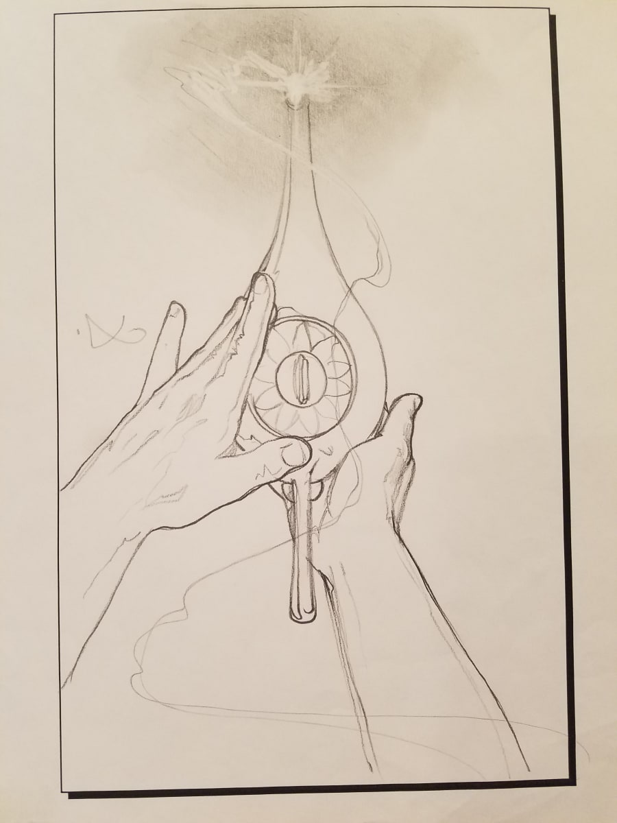 Aladdin Concept Drawing, Lamp in Hands by John Alvin, Image 1.