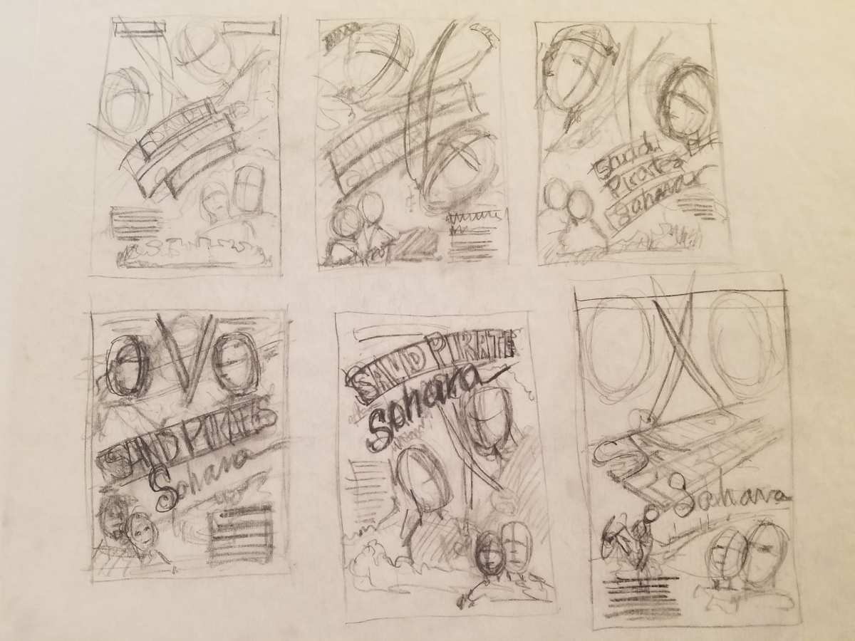The Majestic Sand Pirates of the Sahara Poster Concept, Six Layout Sketches by John Alvin, Image 1.