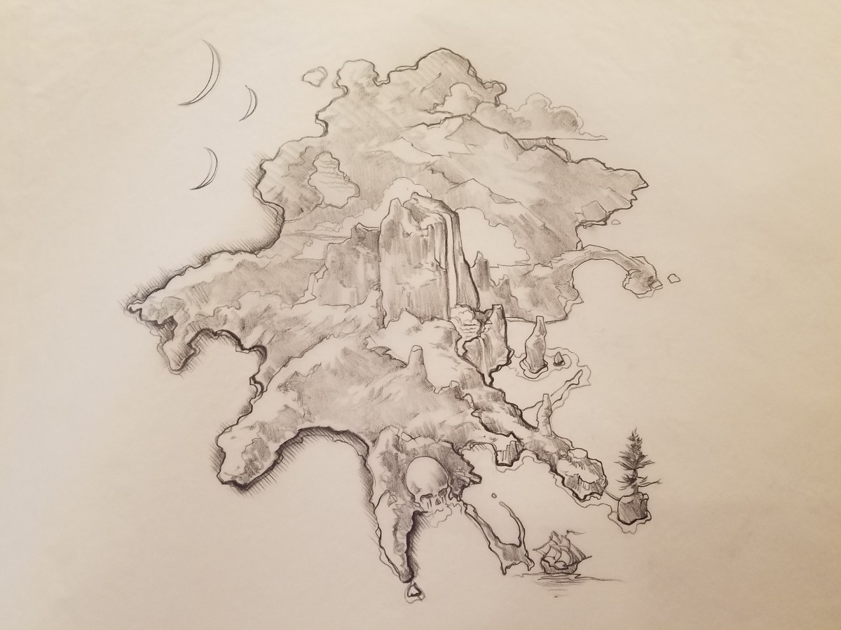 Hook Production Art, Island Map Graphite by John Alvin 