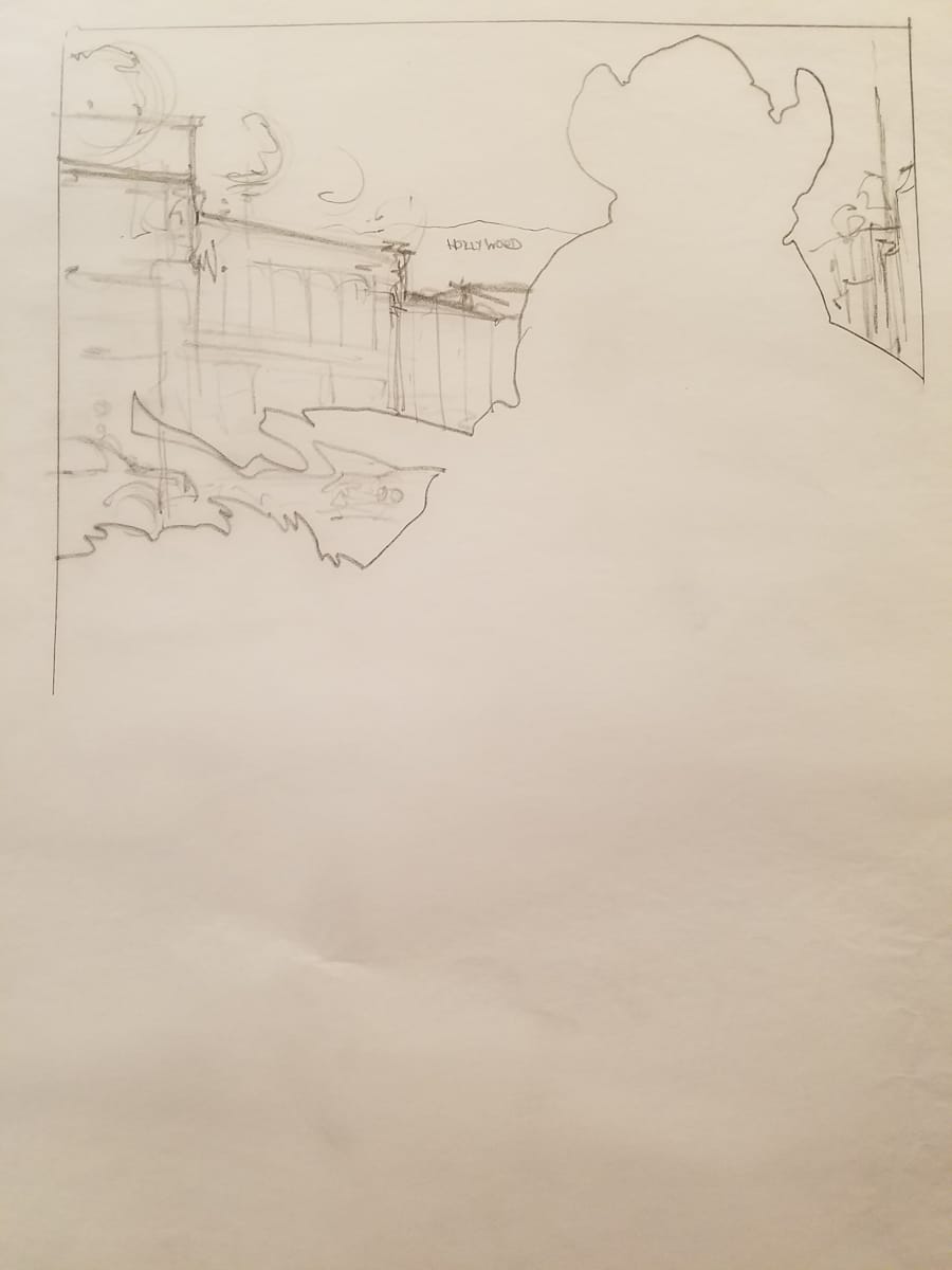 The Golden Child Poster Concept, Outline Chandler as a Cowboy Riding Through a Hollywood Set by John Alvin, Image 1.