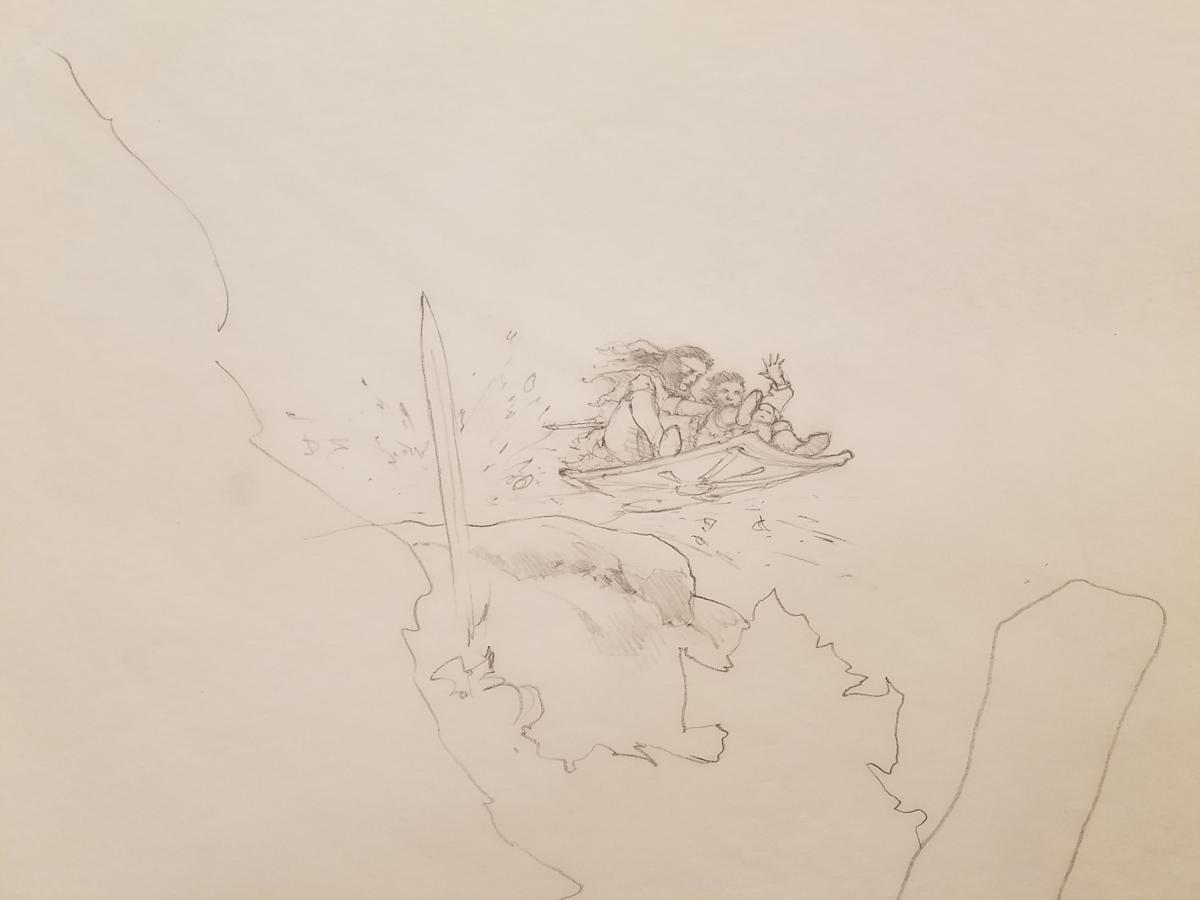 Willow Poster Concept, Main Cast Riding on Tower Shield Over Cliff by John Alvin, Image 1.