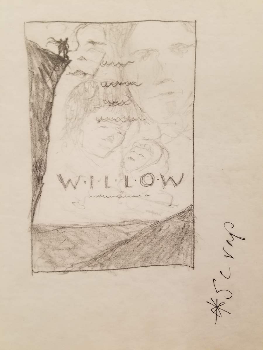 Willow Poster Concept, Cliff, Layout Sketch, notes in ink by John Alvin, Image 1.