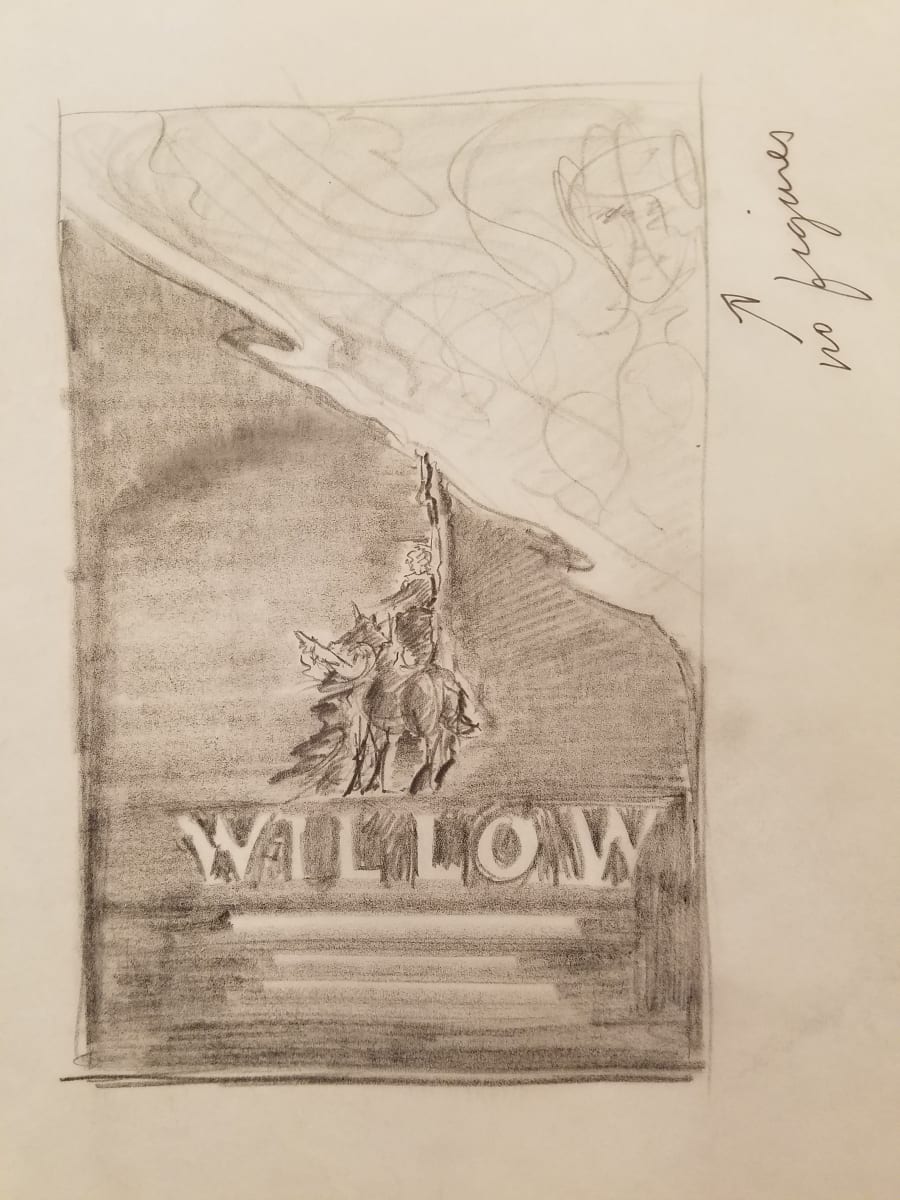 Willow Poster Concept, Layout Sketch,  Cast on Horseback, Notes in Ink by John Alvin, Image 1.