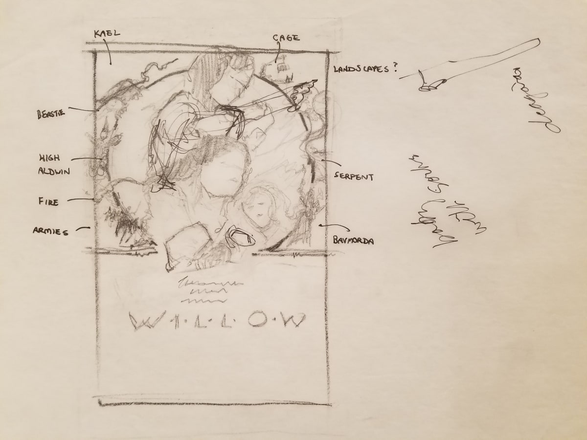 Willow Poster Concept, Layout Sketch, notes in ink by John Alvin, Image 1.