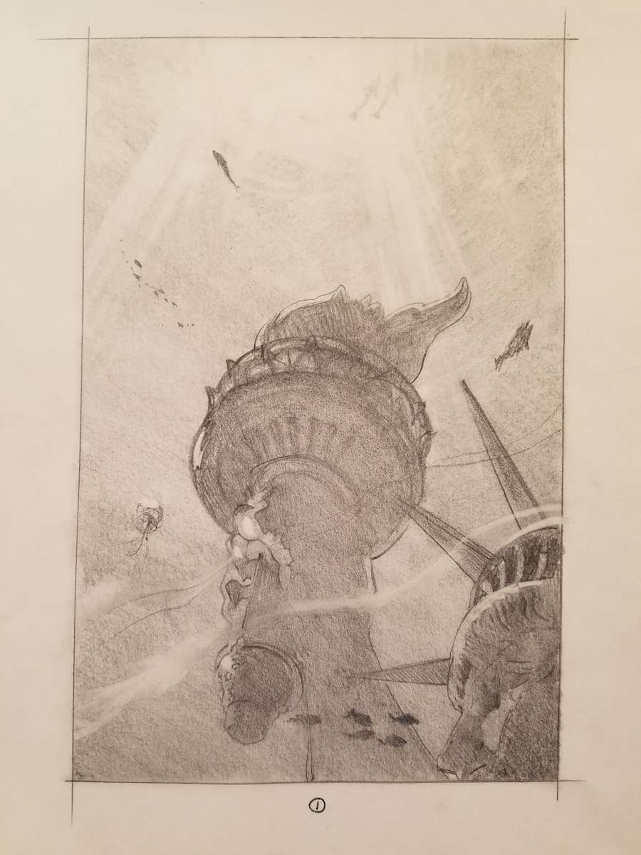 Waterworld Poster Concept, Fish Swimming Around Statue of Liberty by John Alvin, Image 1.