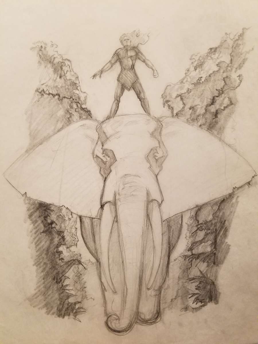 Tarzan Poster Concept, Tarzan Standing on Elephant Concept Sketch by John Alvin, Image 1.