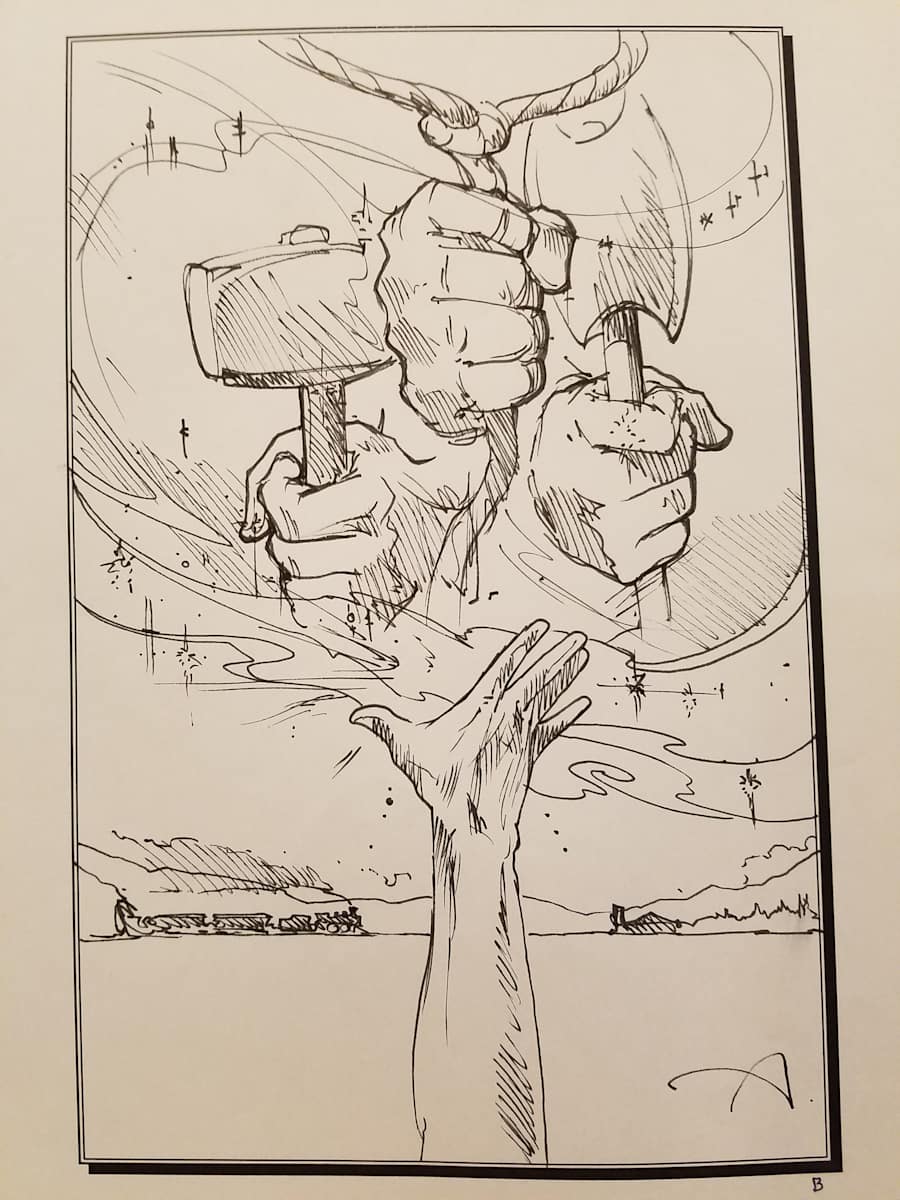 Tall Tale Poster Concept Art, Three Hands Holding a Hammer by John Alvin, Image 1.