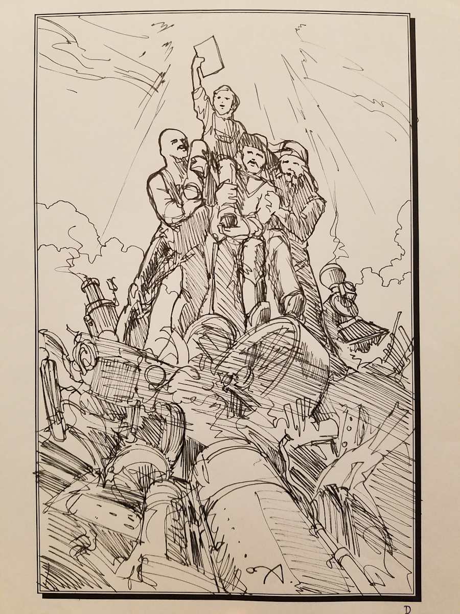 Tall Tale Poster Concept Art, Three Men Lifting Boy by John Alvin, Image 1.