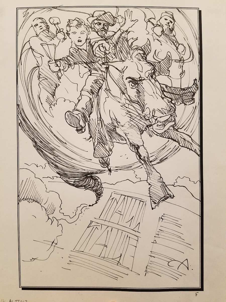 Tall Tale Poster Concept Art, Folks Riding Out of Tornado by John Alvin, Image 1.