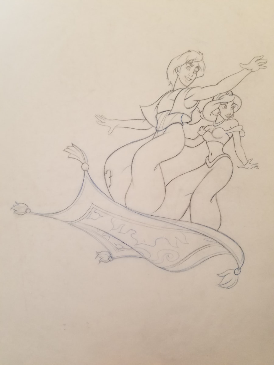 Aladdin Concept Drawing, Couple on Carpet, Blue Pencil, Close to International Key Art by John Alvin, Image 1.