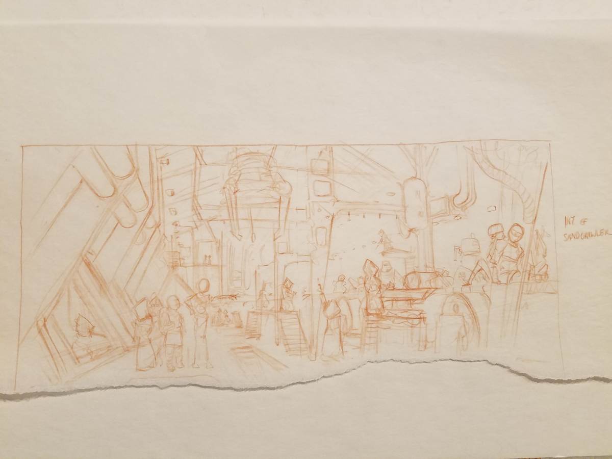 Star Wars Anakin's Fate Interior Art, Red Pencil Sketch of Sandcrawler by John Alvin, Image 1.