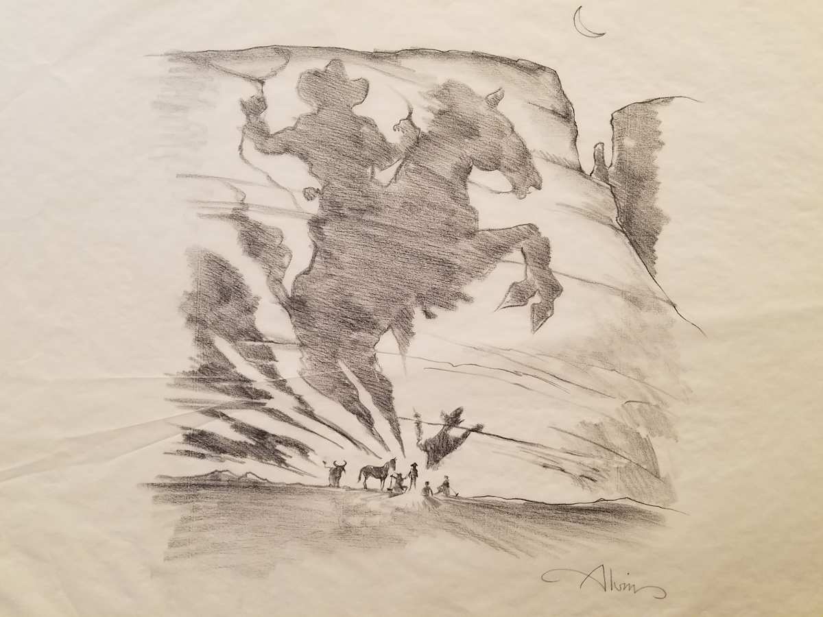 Tall Tale Poster Concept Art, Huge Cowboy Silhouette by John Alvin, Image 1.
