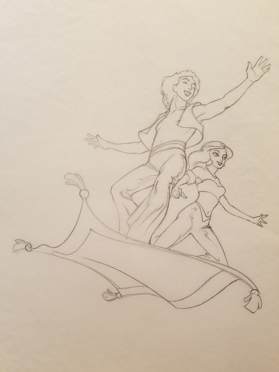 Aladdin Poster Concept, Couple on Carpet, Close to International Key Art by John Alvin, Image 1.