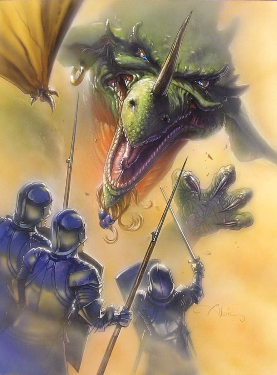 The Dragon Princess, Dragon Clawing at Soldiers Color Comp by John Alvin, Image 1.