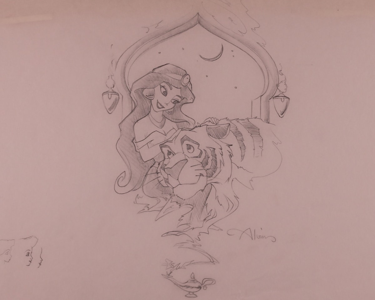 Aladdin Concept Drawing, Jasmine & Rajah by John Alvin, Image 2.