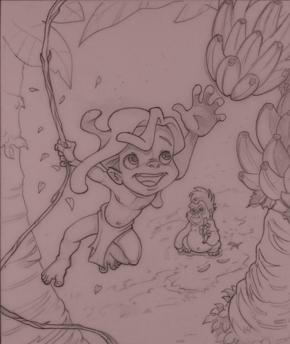Tarzan Goes Bananas Book Cover, Finished Graphite by John Alvin, Image 2.