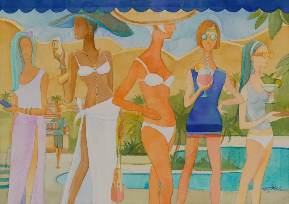 The Sandpiper Inn by Andy Sklar  Image: Original watercolor on archival arches paper signed and framed by artist Andy Sklar.
A poolside fashion parade depicts guests of the fictionalized Sandpiper Inn situating themselves for leisure and hushed conversation amongst the palms and San Jacinto mountains of Palm Springs.