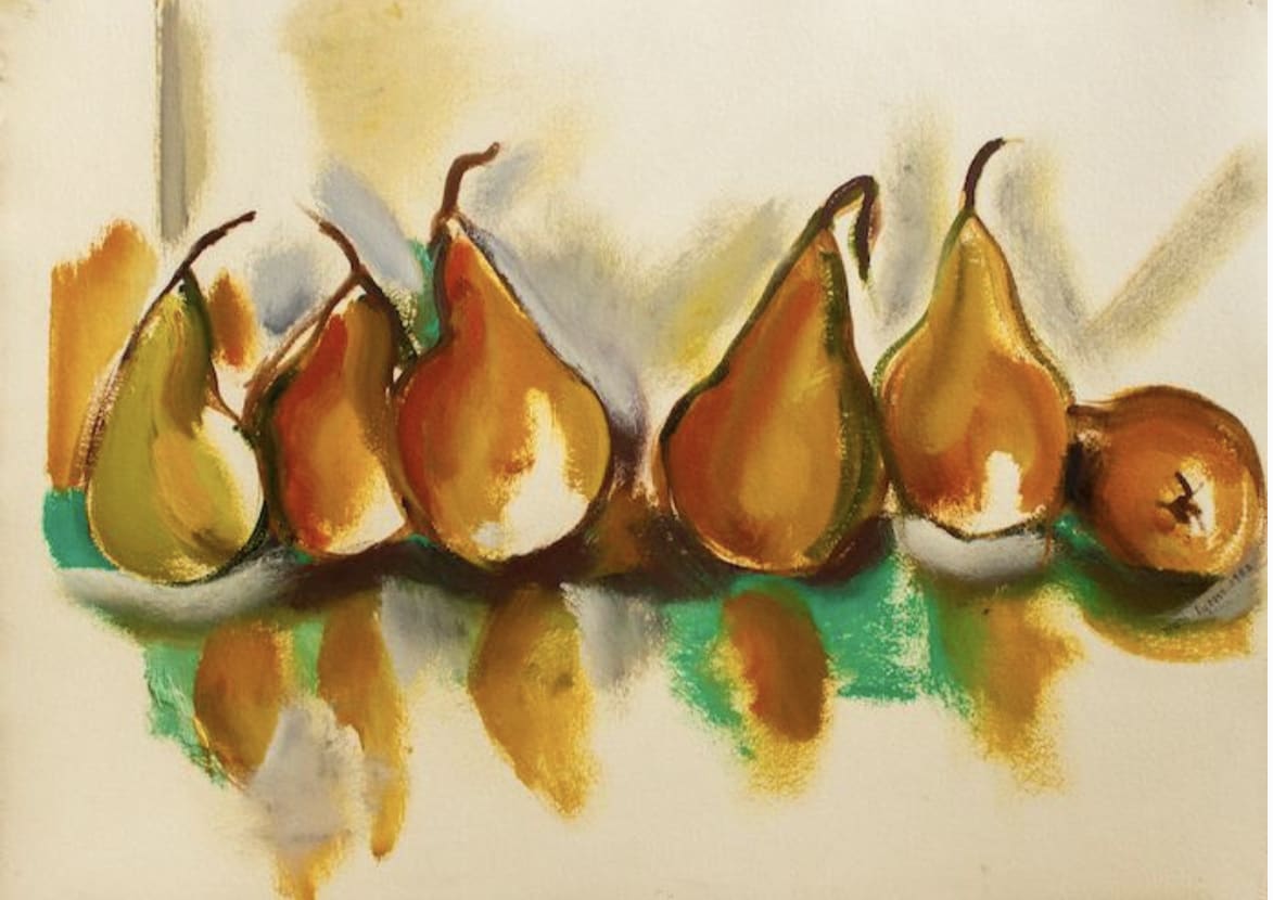 Golden Pears Teal Reflection by Mari Lyons 